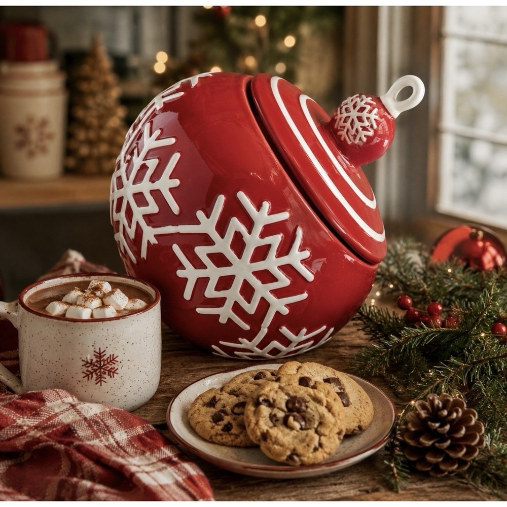 Real Home Red Christmas Ornament Cookie Jar‎ Snowflake Ceramic Canister F/W